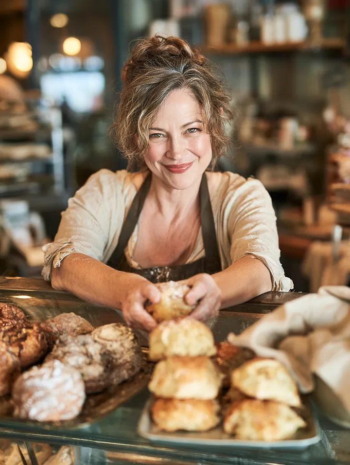 Bakery owner in her 50s arranging fresh pastries in a glass display case in the early morning