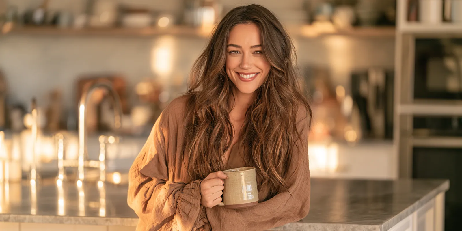 Smiling woman in her 30s holding a coffee mug at her bright kitchen island, ready to compare avant lending offers