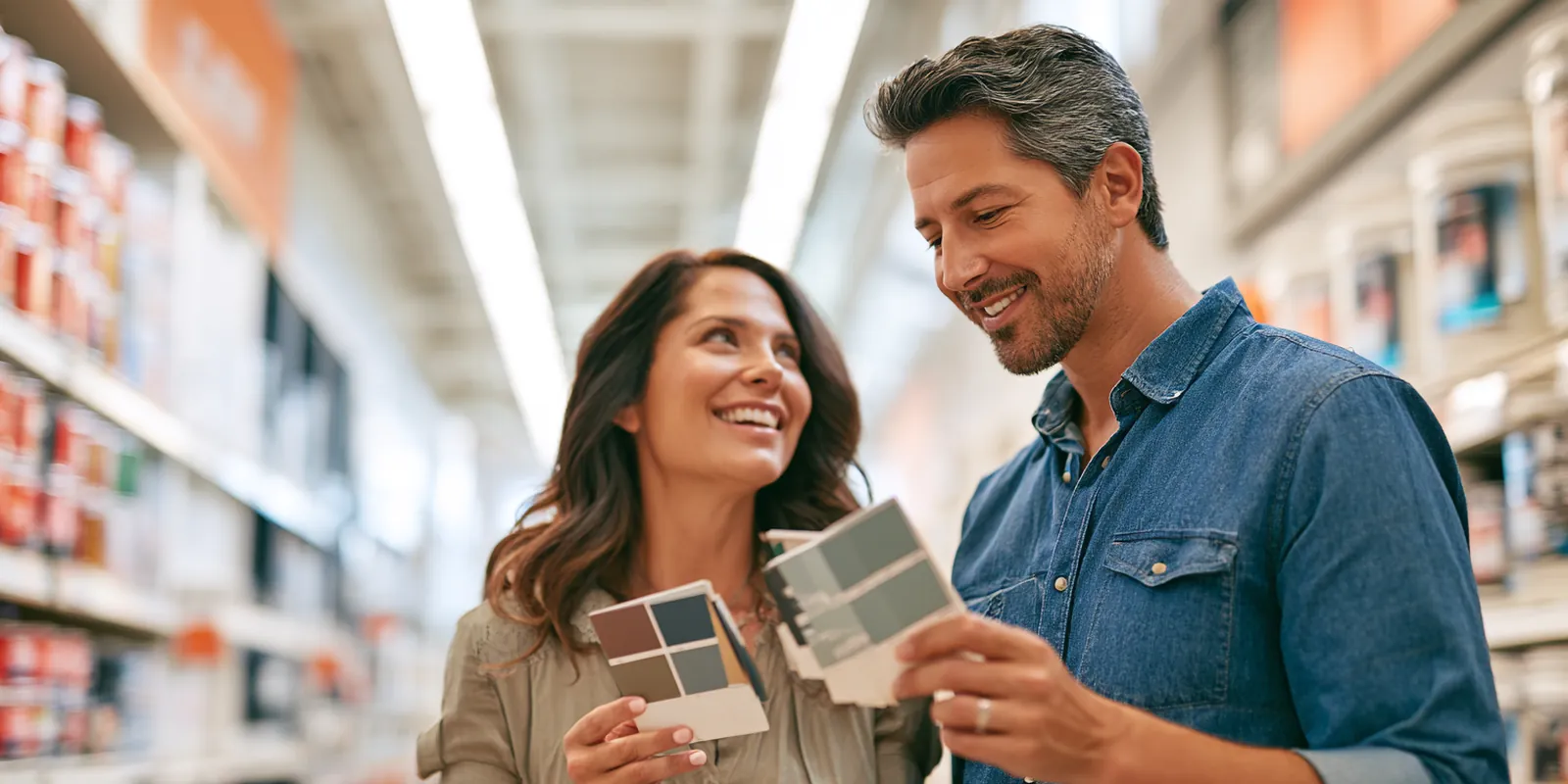 Couple in their 40s comparing two paint swatch cards in a bright hardware store aisle while weighing avant lending options for a home project
