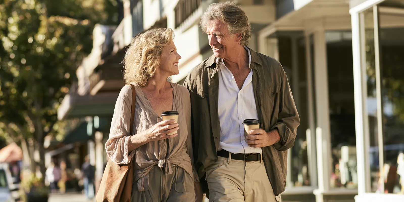 Couple in their sixties strolling past modern storefronts on a small-town main street, each holding a takeaway coffee