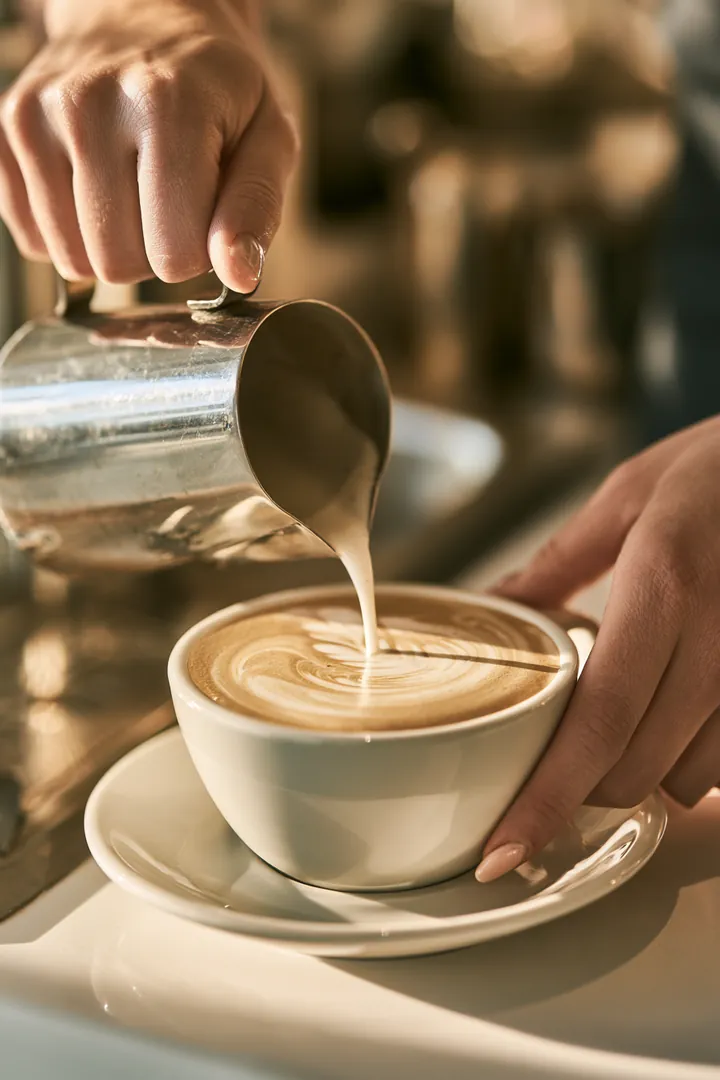 Barista's hands pouring latte art into a white cup, a small daily cost worth weighing against avant lending payments