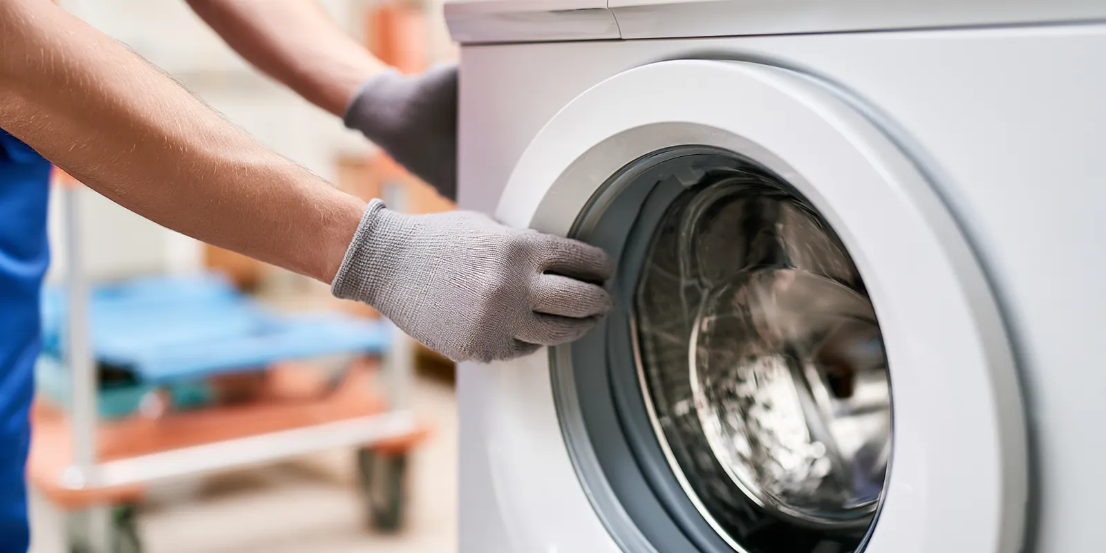 Delivery worker's gloved hands guiding a new front-load washing machine on a dolly into a laundry room, a purchase covered by an avant lending installment loan