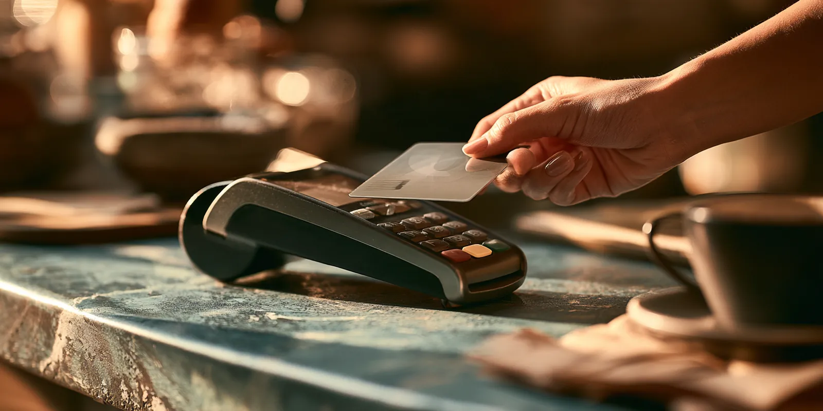 Close view of a hand tapping a contactless credit card on a payment terminal at a cafe counter, a common moment before comparing avant lending options