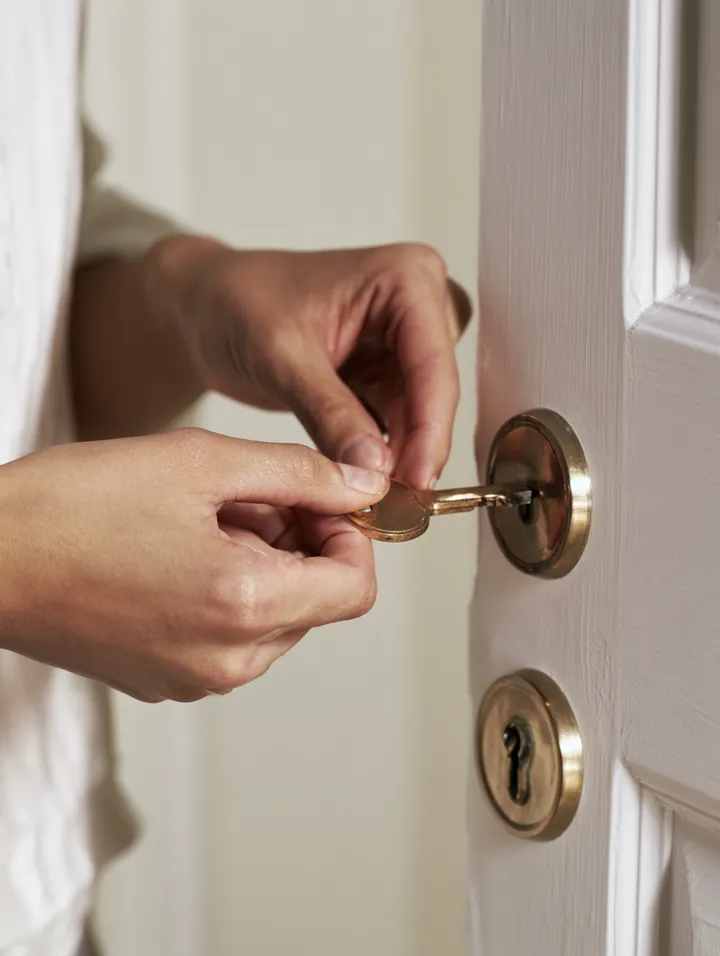 Hands turning a key in the door of a freshly painted new apartment after paying local moving costs