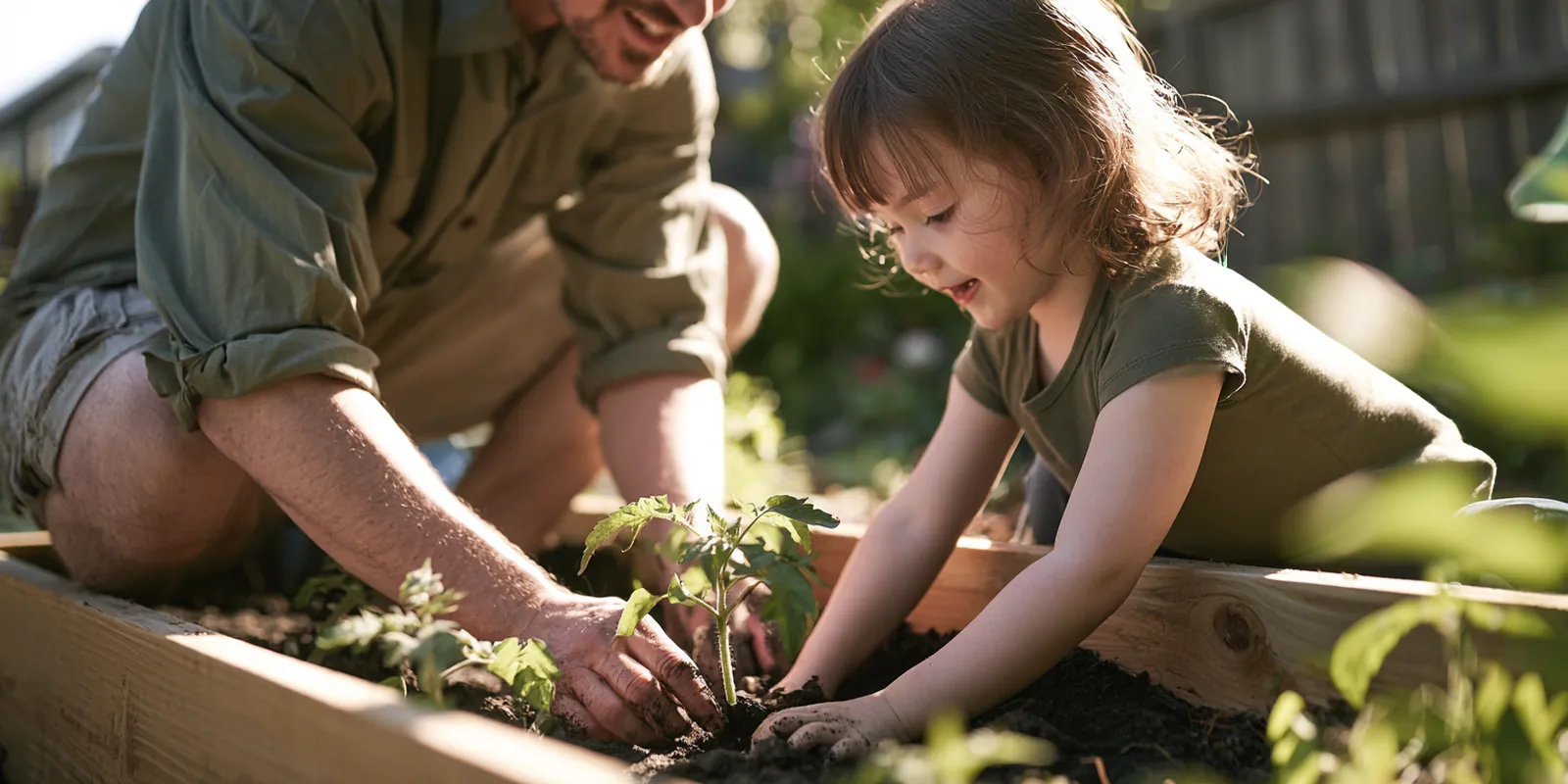Father and young daughter planting tomato seedlings in a backyard raised bed after sorting out an avant lending personal loan for a home project