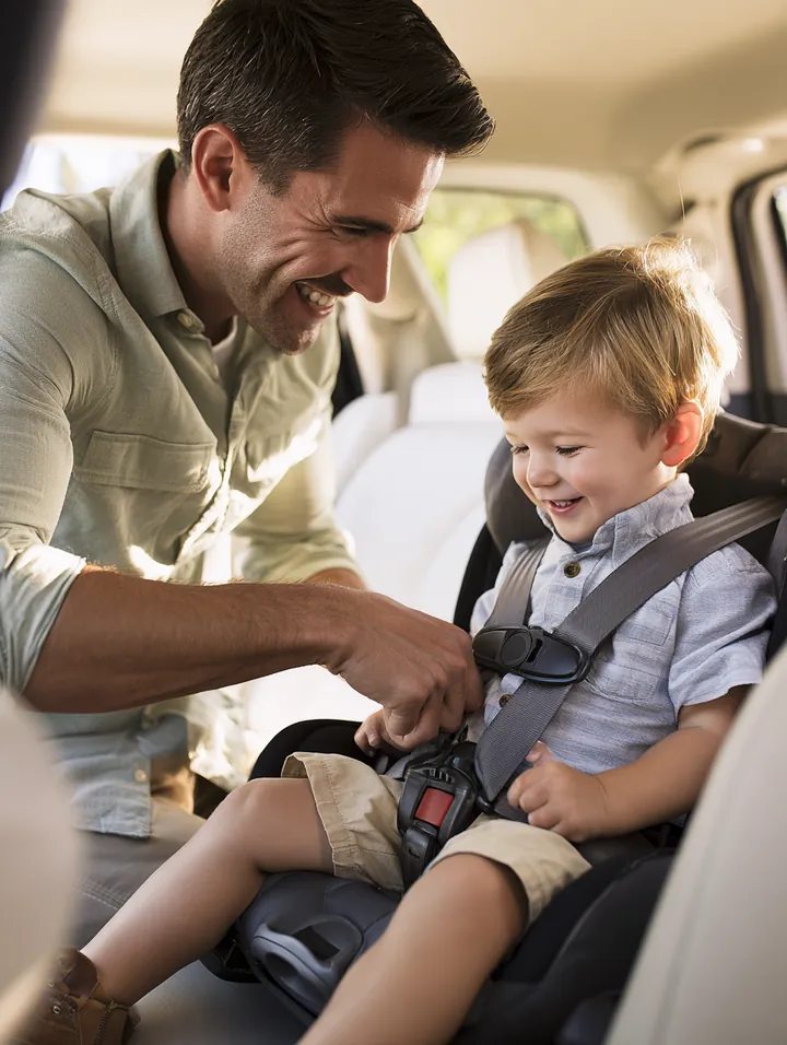 Father in his 40s buckling his young son into a car seat in an SUV, the kind of everyday budget an avant lending request supports