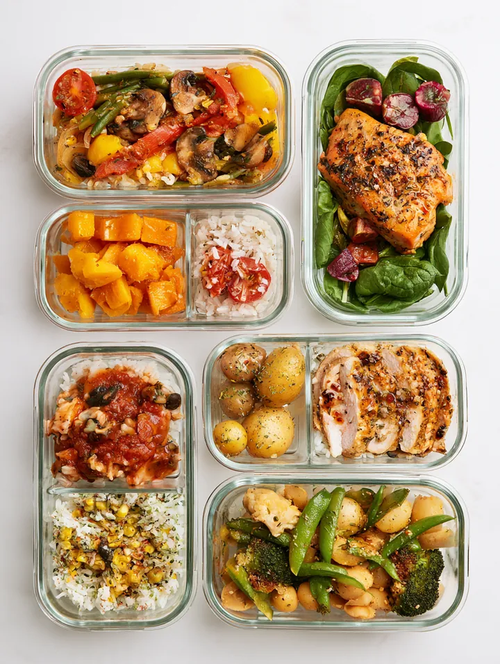 Glass meal-prep containers filled with colorful home-cooked lunches lined up on a white counter, a simple way to free up room in a monthly budget