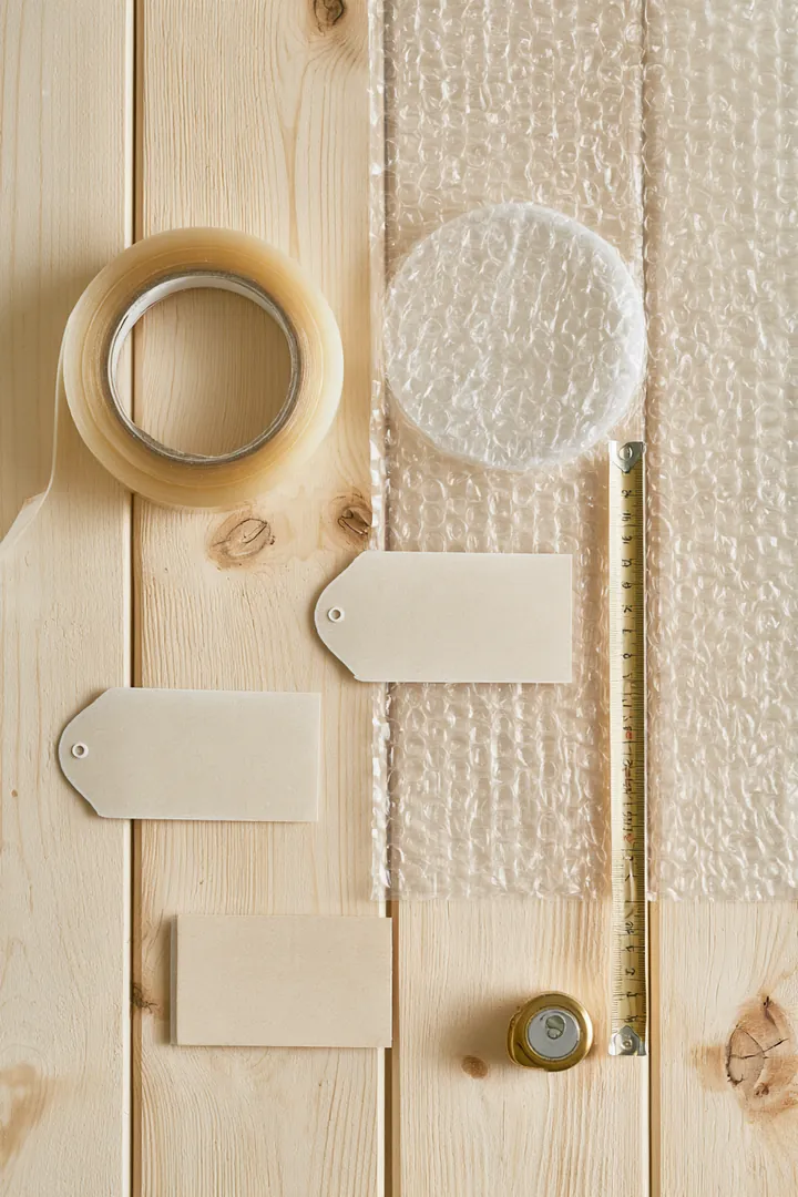 Top-down view of packing tape, bubble wrap, blank labels and a tape measure on a pale wooden floor, ready for moving day