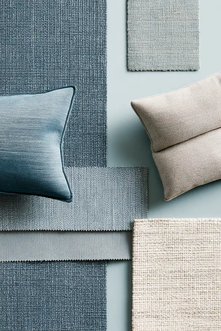 Top-down view of upholstery fabric swatches in soft blues and grays with a small sofa cushion, picked out while planning furniture with a 2000 dollar loan