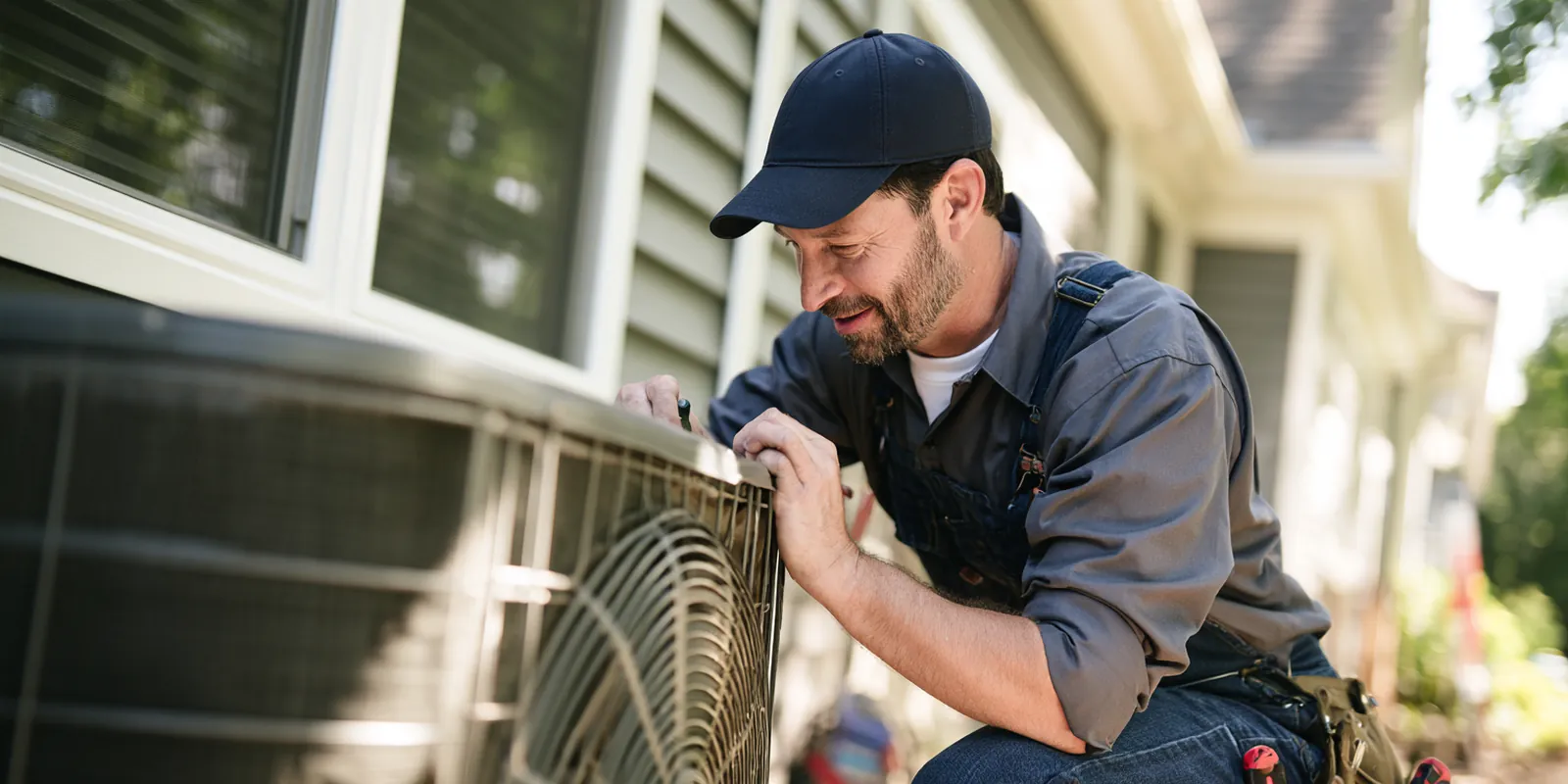 HVAC technician servicing an outdoor air conditioning unit beside a suburban house, a repair often paid for with a $1,000 loan