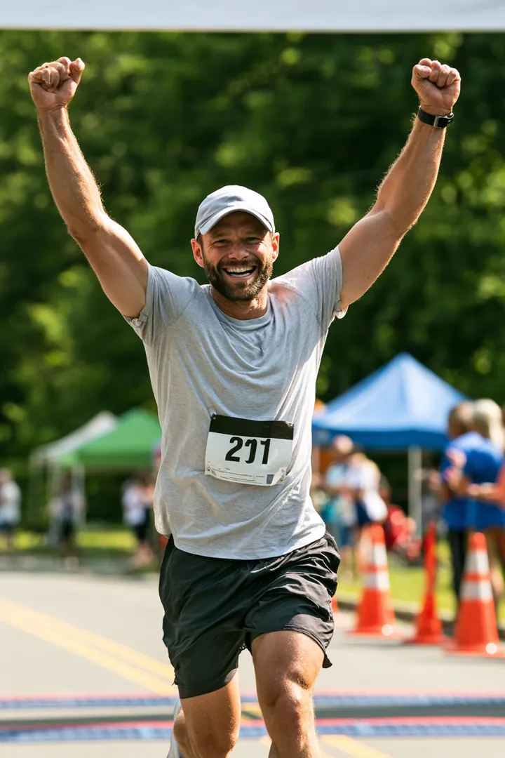 Man in his 30s crossing the finish line of a community 5K race with arms raised, the feeling of reaching a debt payoff date