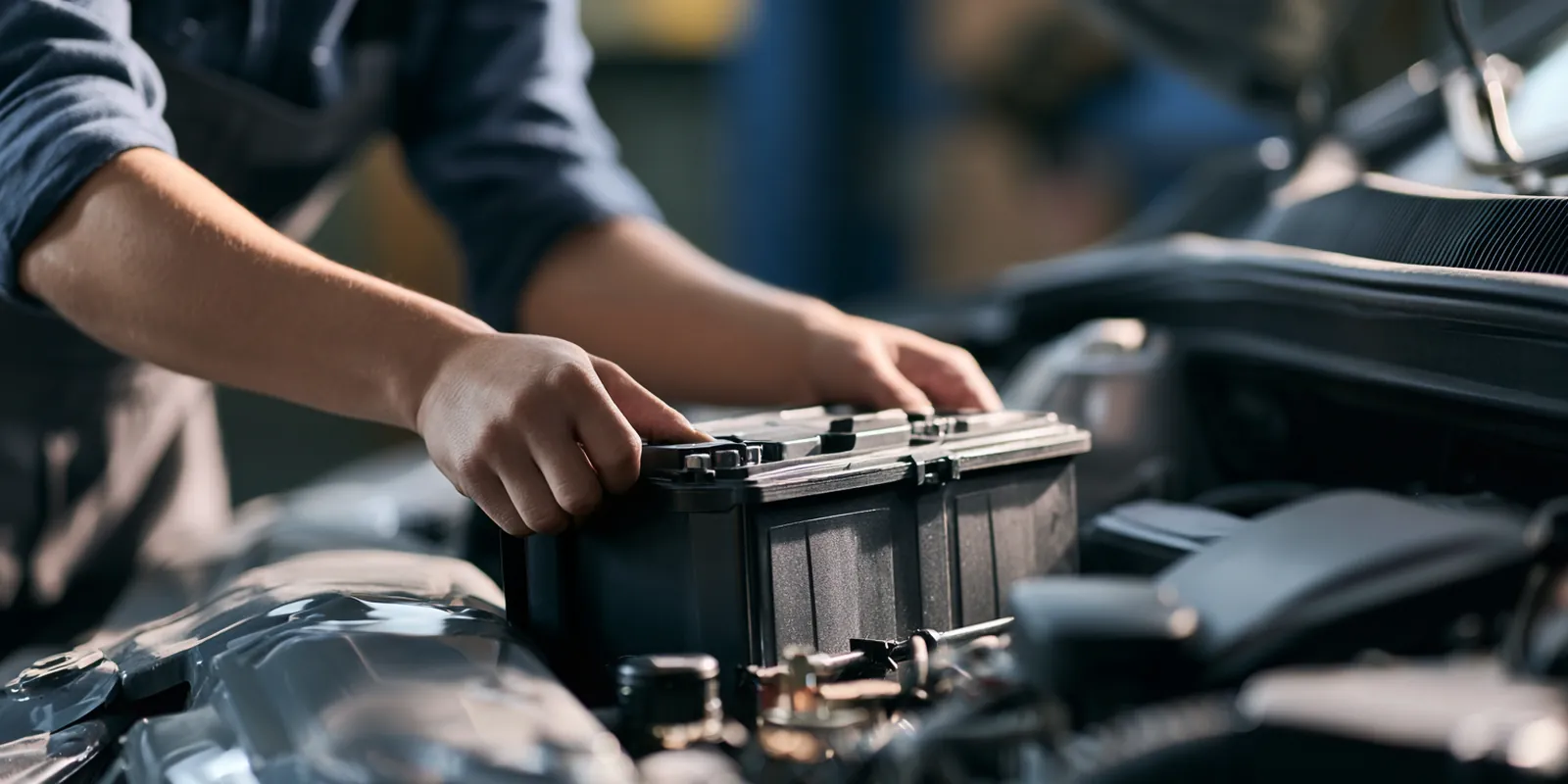 Young mechanic lifting a new battery into a car engine bay in a clean auto shop, the kind of repair a $500 loan often covers