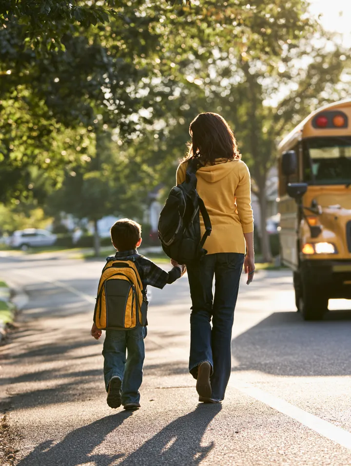 Mom in her 30s walking her son to the school bus on a leafy street, thinking about a $2,000 loan for family bills