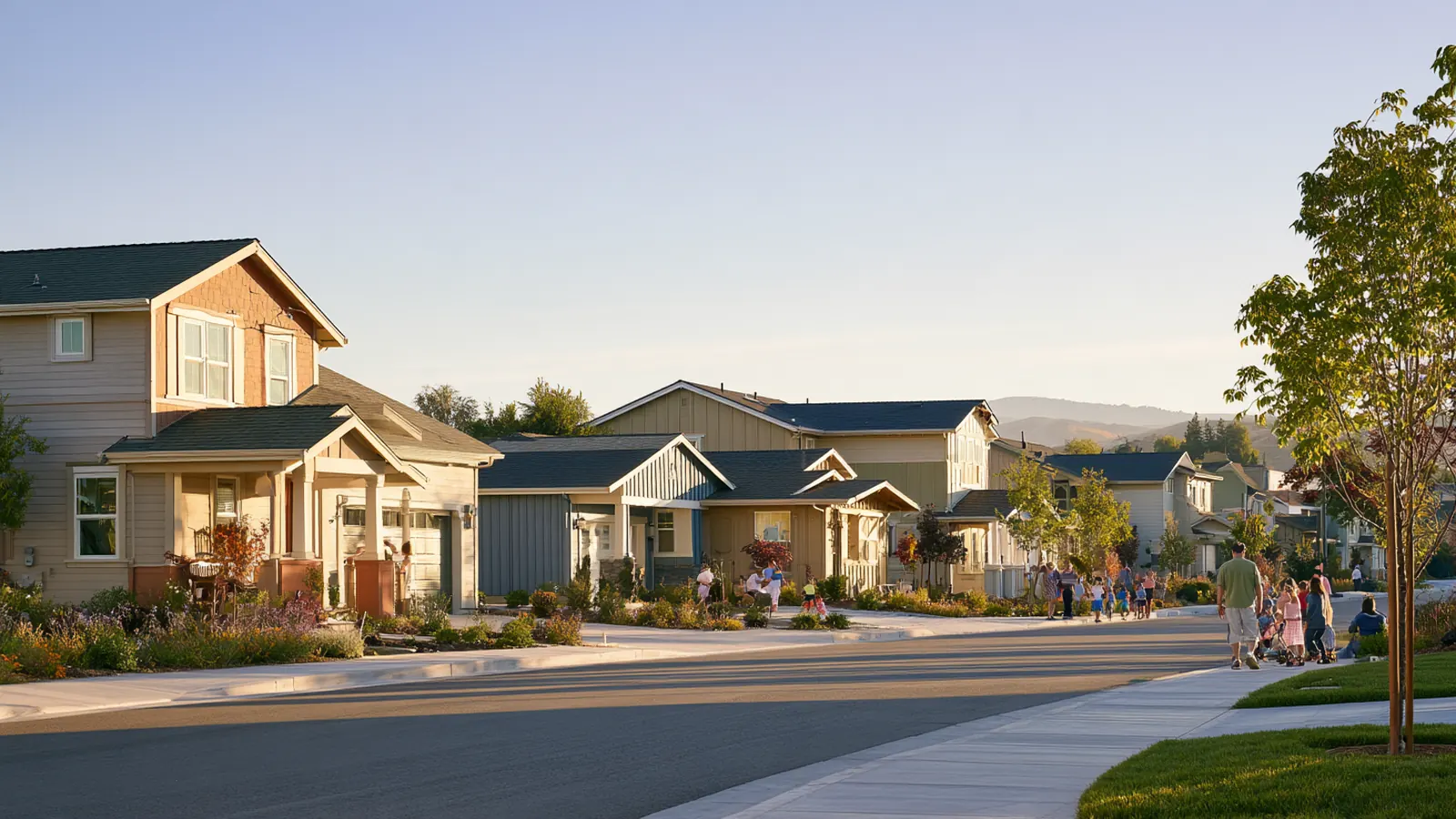 Quiet modern suburban street with neighbors out on the sidewalks in the morning
