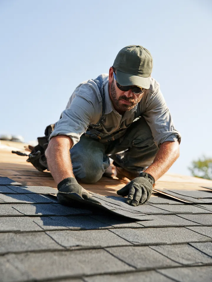 Roofer in his 30s laying new shingles on a suburban rooftop under a clear sky, a leak repair covered with a 4000 dollar loan