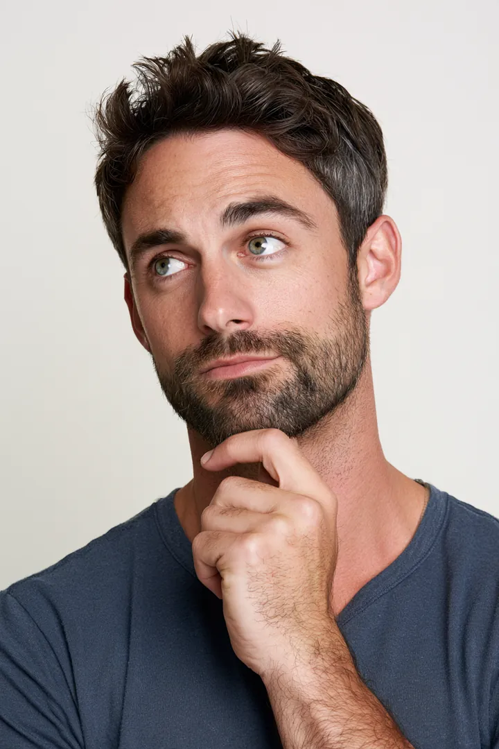 Curious man in his 30s raising one eyebrow with his hand resting under his chin in a studio portrait on a plain light backdrop