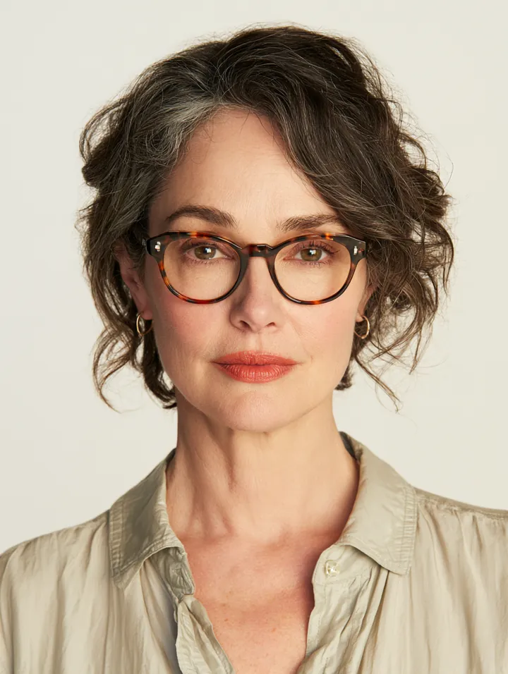Woman in her 50s wearing reading glasses with an attentive expression, ready to check a personal loan disclosure