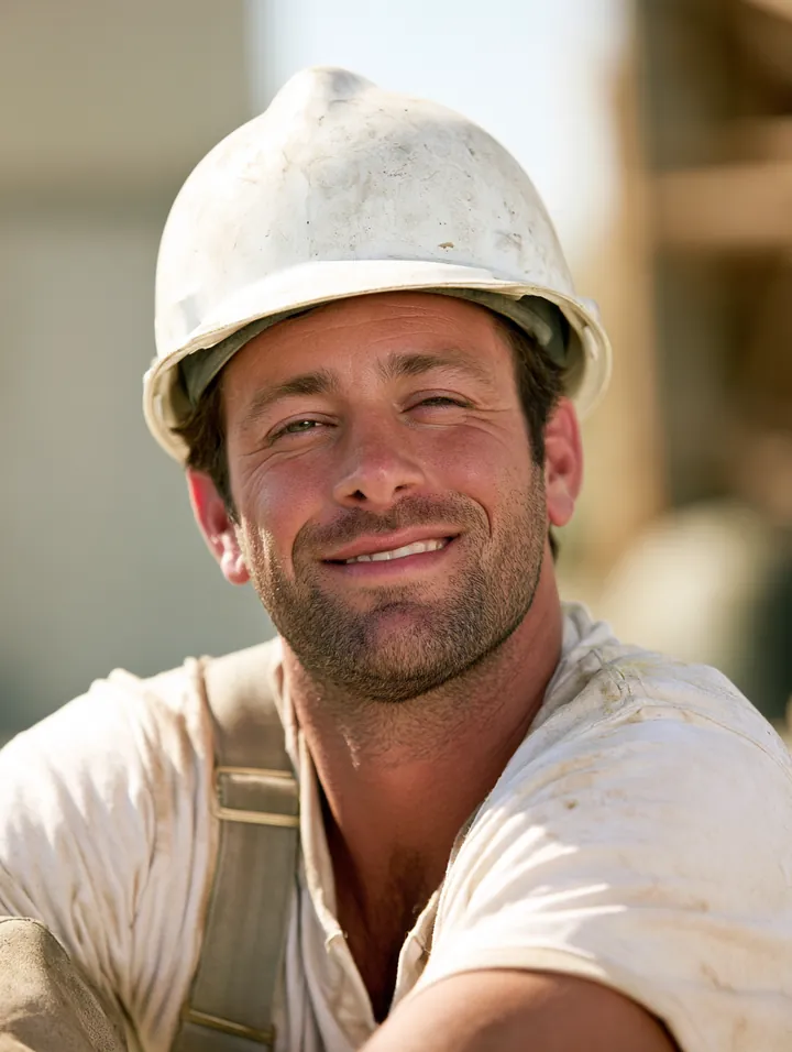 Construction worker in his 30s wearing a white hard hat on a sunny job site, an hourly earner checking avant lending requirements
