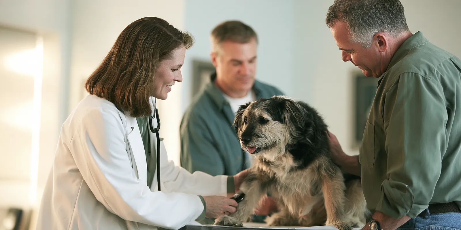 Veterinarian examining a mixed-breed dog on an exam table as the owner, a man in his 50s, stands beside it before surgery paid for with a $4,000 loan