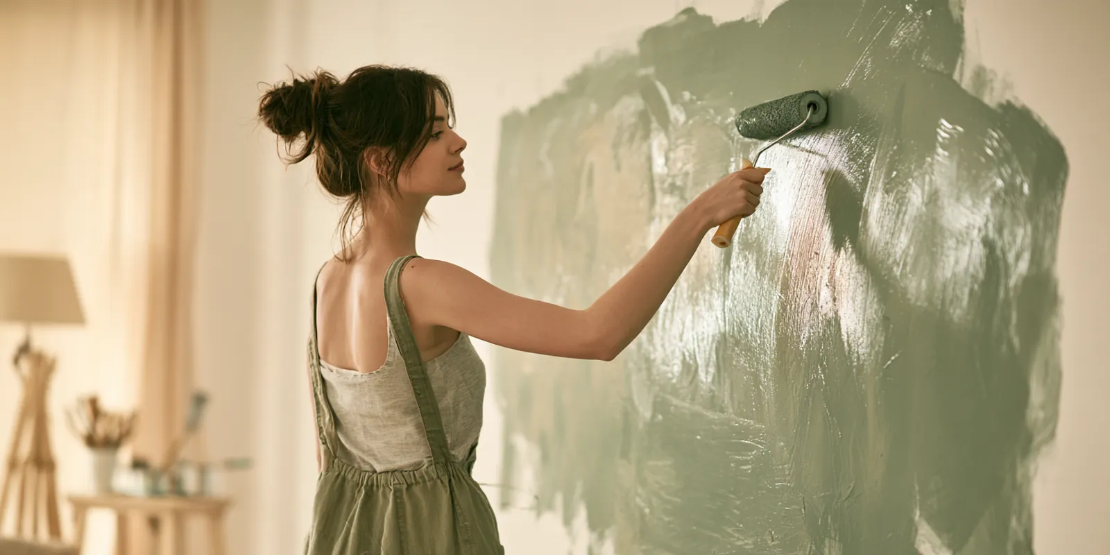 Woman in her 20s rolling sage green paint onto an accent wall in her first apartment, a project in her avant lending moving budget