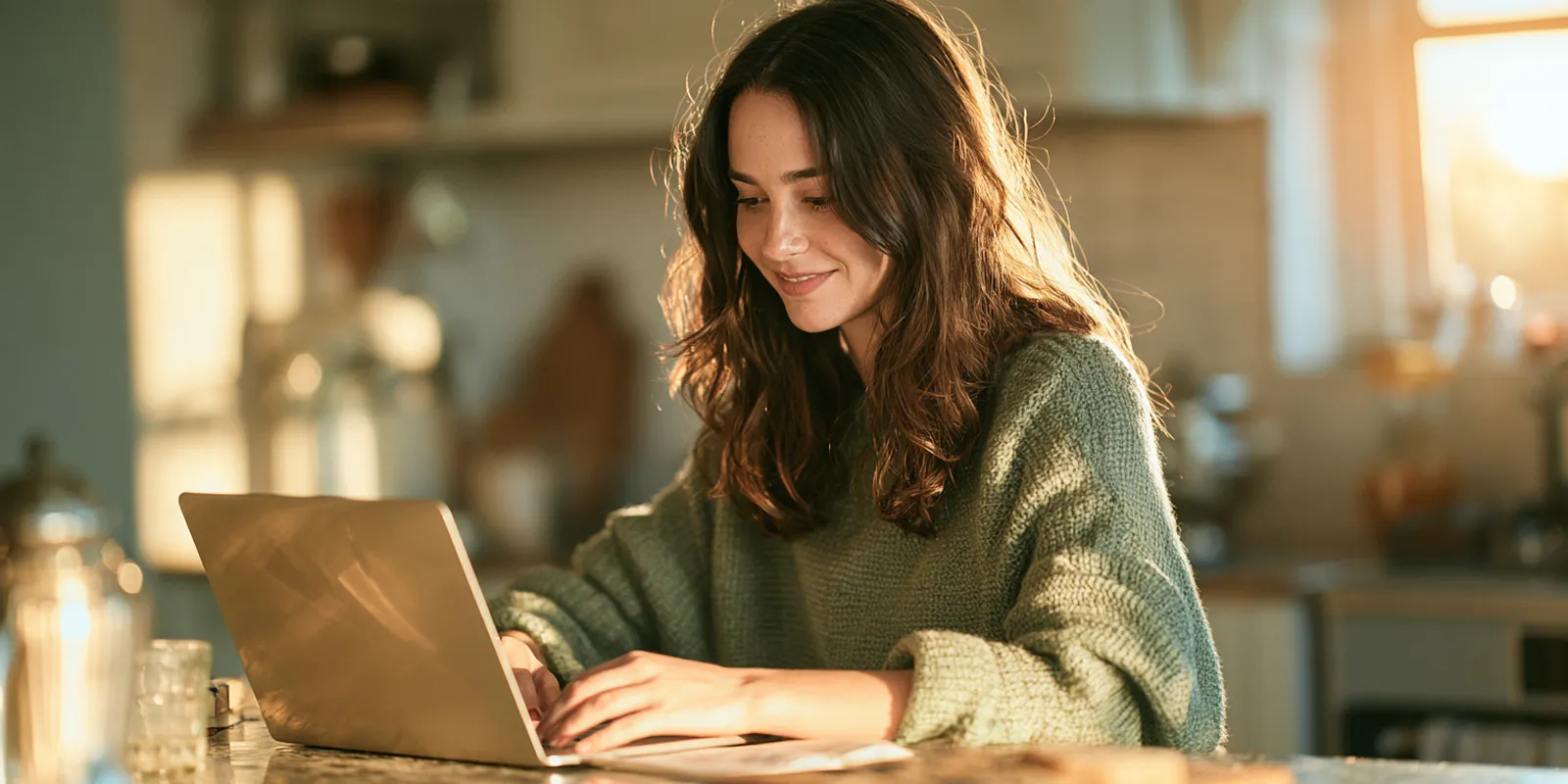 Woman in her 30s typing on a slim laptop at a sunny kitchen counter while filling out an avant lending application