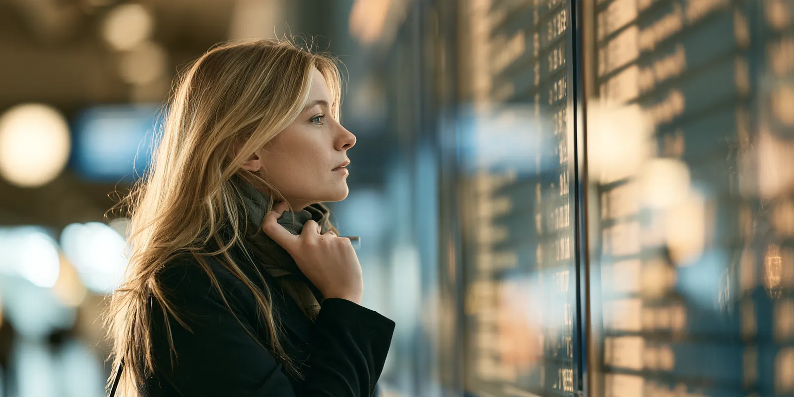 Woman in her 40s checking the departure board on a modern commuter rail platform while thinking over avant lending rates