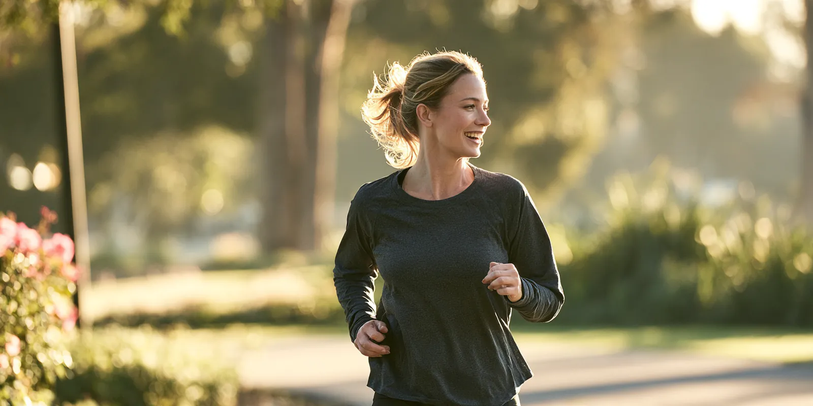 Woman in her 40s jogging along a park path in the morning, looking relieved after comparing avant lending debt consolidation offers