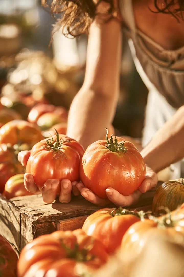Woman in her 40s weighing two heirloom tomatoes in her hands at a sunny farmers market stall, like weighing a card against a loan