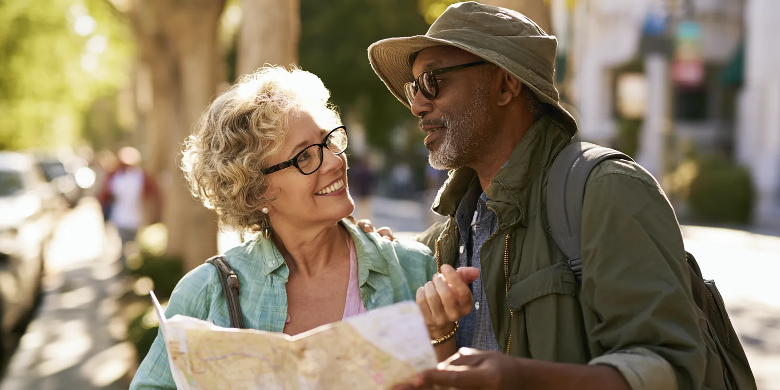 Woman in her 50s asking a friendly local for directions on a sunny tree-lined city sidewalk, like a borrower looking for clear avant lending answers